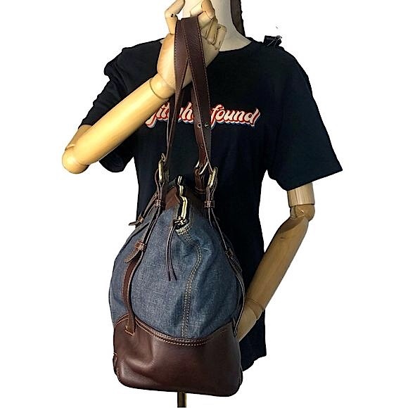 BURBERRY Denim Shoulder Bag Brown Leather Top Zip Closure Blue Label RARE - Picture 7 of 17